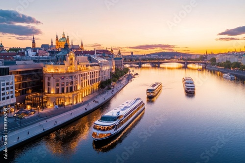 A panoramic view of Theatre Vltava with boats passing along the river, showcasing its iconic location and stunning surroundings