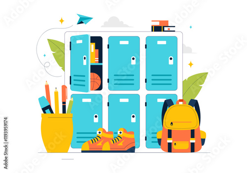 School Locker Room Vector Illustration Featuring Neatly Organized Student Storage with Books, School Supplies, Personal Items, and Accessories