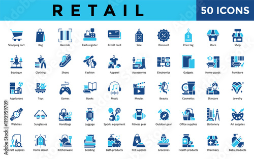 Retail icons set with shopping cart, bag, barcode, cash register, credit card, sale, discount, price tag, store, shop icon. Simple flat vector 
