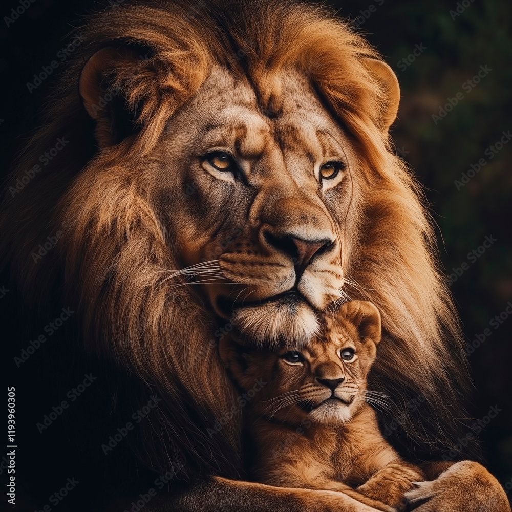 Naklejka premium Lion king gently embracing his little lion cub heir, affectionate mood, dark background
