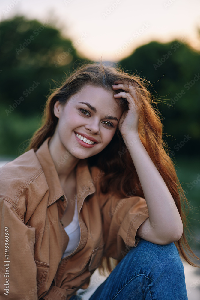 Naklejka premium Young woman smiling outdoors in casual attire, with long hair, showcasing happiness and warmth, perfect for lifestyle and beauty concepts.