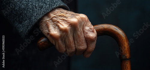 Close-up of elderly hand gripping wooden walking stick. (1) photo