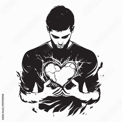 Silhouette of a Man Heartbroken Holding a Cracked Heart Due to Love Vector Illustration