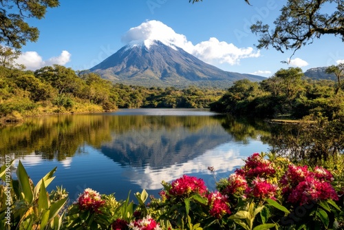 A serene dormant volcano surrounded by lush greenery and a calm lake reflecting its majestic peak