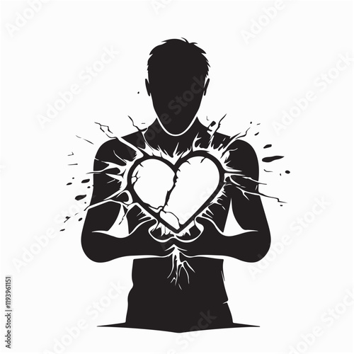 Silhouette of a Man Heartbroken Holding a Cracked Heart Due to Love Vector Illustration