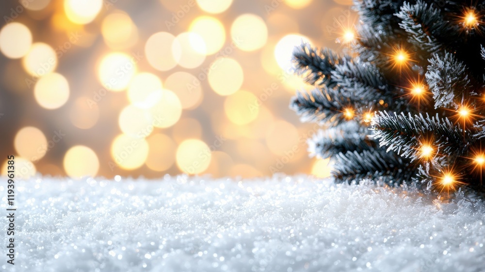 Obraz premium A snowy scene featuring a decorated Christmas tree with warm lights and a soft bokeh background.