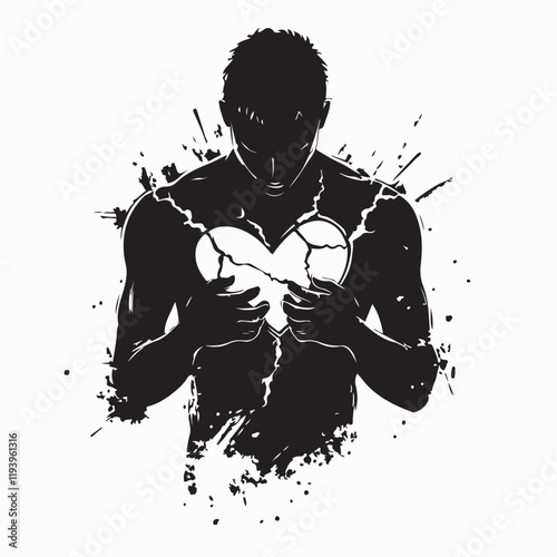 Heartbroken Man Silhouette Holding a Broken Heart Symbolizing Love Pain Vector Illustration