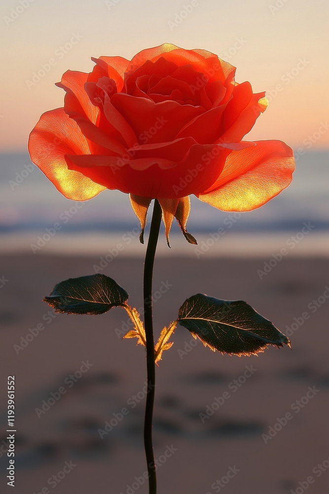 A vibrant red rose stands against a serene beach backdrop at sunset. A vibrant red rose stands against a serene beach backdrop at sunset.