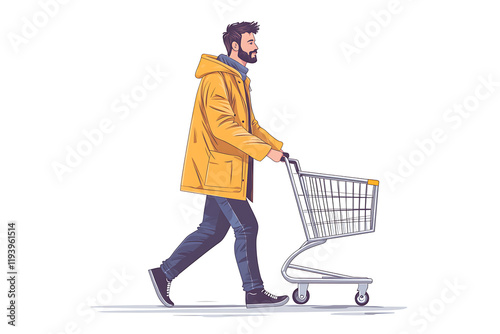 A man in a yellow jacket pushes a shopping cart, suggesting a shopping or errand activity.