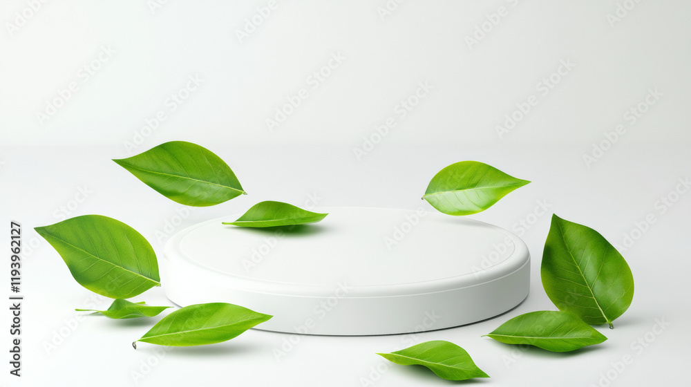 White podium with green leaves on light background White podium with green leaves on light background