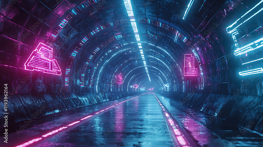 Fototapeta premium A neon tunnel with neon signs on the walls