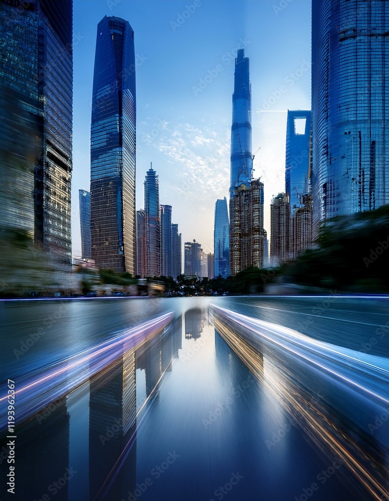 Fototapeta premium Modern city skyline at dusk, with light trails reflecting in the water.