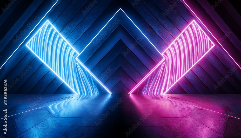 Naklejka premium Vibrant Neon Lights illuminate a dark, geometric space.