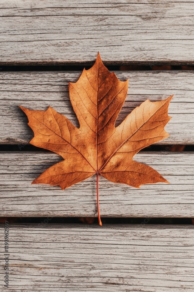 Fallen maple leaf resting on weathered wooden planks, showcasing autumn hues.