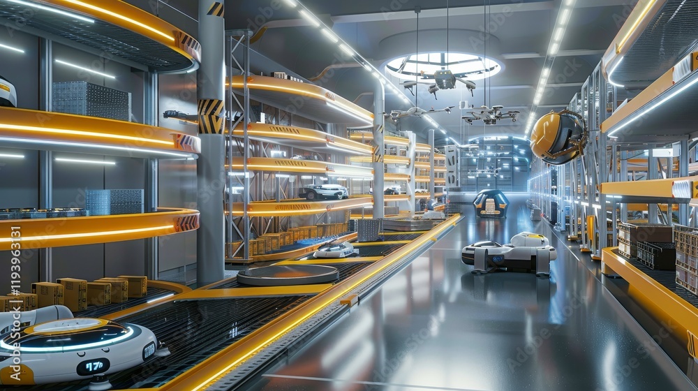 A futuristic warehouse with automated systems and drones for efficient logistics and inventory management. A futuristic warehouse with automated systems and drones for efficient logistics and inventory management.