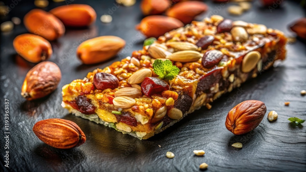 Fototapeta premium Isolated High Protein Snack Bar Featuring Almonds, Seeds, Nuts, and Natural Ingredients for Healthy Living, Nutrition, Fitness, and Energy Boosting Snacks