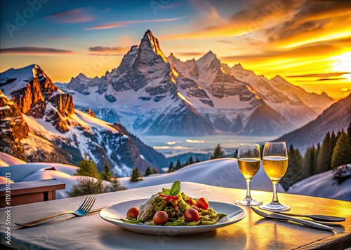 Fototapeta Naklejka Na Ścianę i Meble -  Snowcapped Alpine Peaks: Winter Wonderland Food Photography
