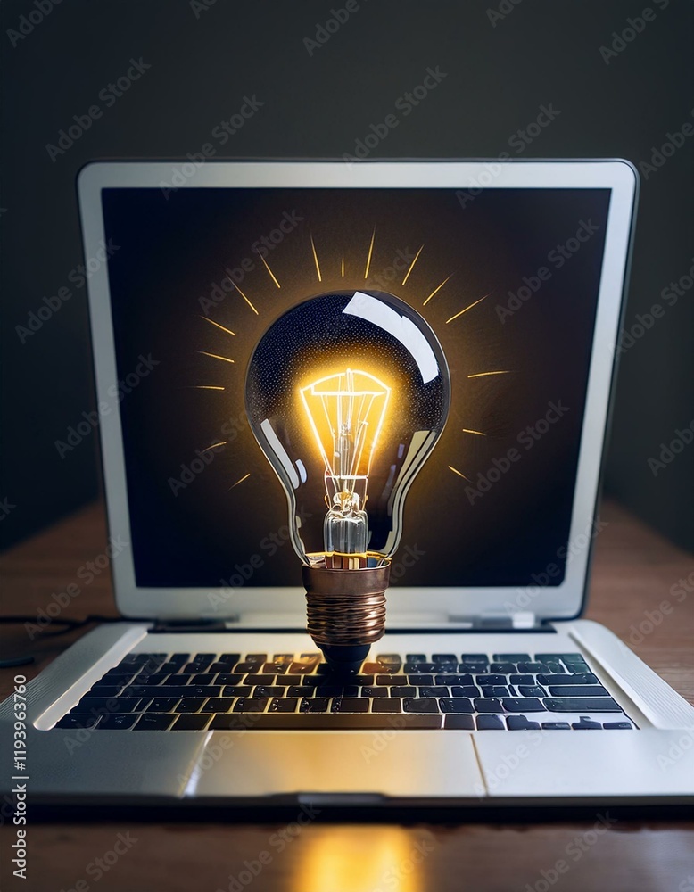 Bright Idea! Glowing lightbulb above laptop keyboard. Bright Idea! Glowing lightbulb above laptop keyboard.