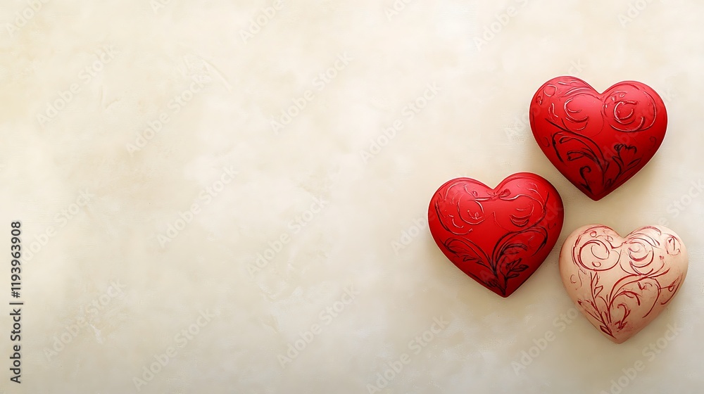 Three Ornate Hearts Adorn A Beige Background Three Ornate Hearts Adorn A Beige Background