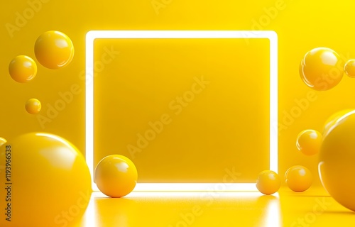 Glowing square neon frame with floating white spheres on vibrant yellow background