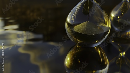 Close-up of an hourglass with golden sand flowing on a sleek black surface, symbolizing the passage of time and the importance of managing moments effectively. photo