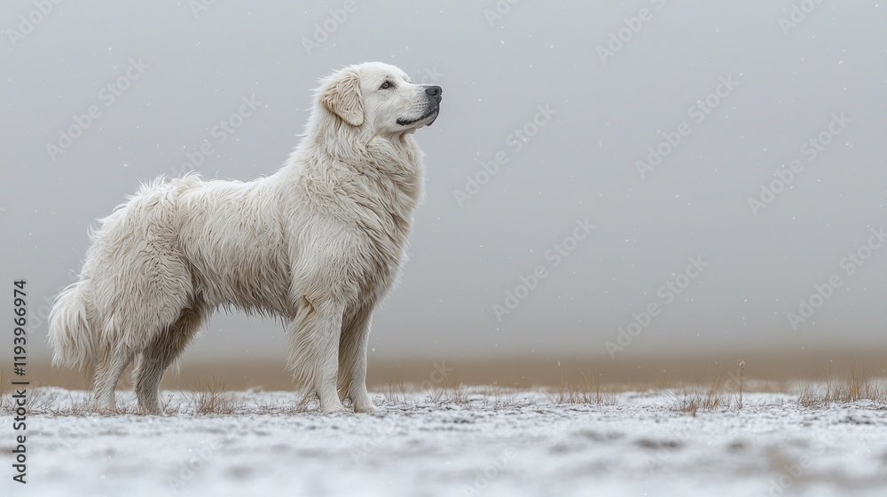 Large white dog stands in snowy field, facing right.