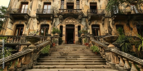 A grand, weathered mansion with ornate architecture and lush greenery surrounding its entrance.
