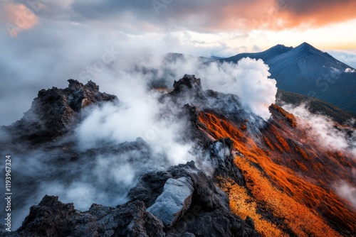 A volcanic plateau with steaming vents and rugged rock formations, creating an otherworldly landscape photo