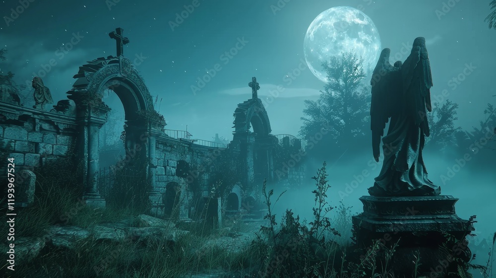 A haunting graveyard scene under a full moon, featuring ruins and a statue of an angel. A haunting graveyard scene under a full moon, featuring ruins and a statue of an angel.