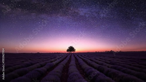 Serene Twilight in Lavender Fields: Milky Way Sky and Enchanting Lone Tree in a Mesmerizing Starry Nightscape with Soft Purple and Pink Hues
