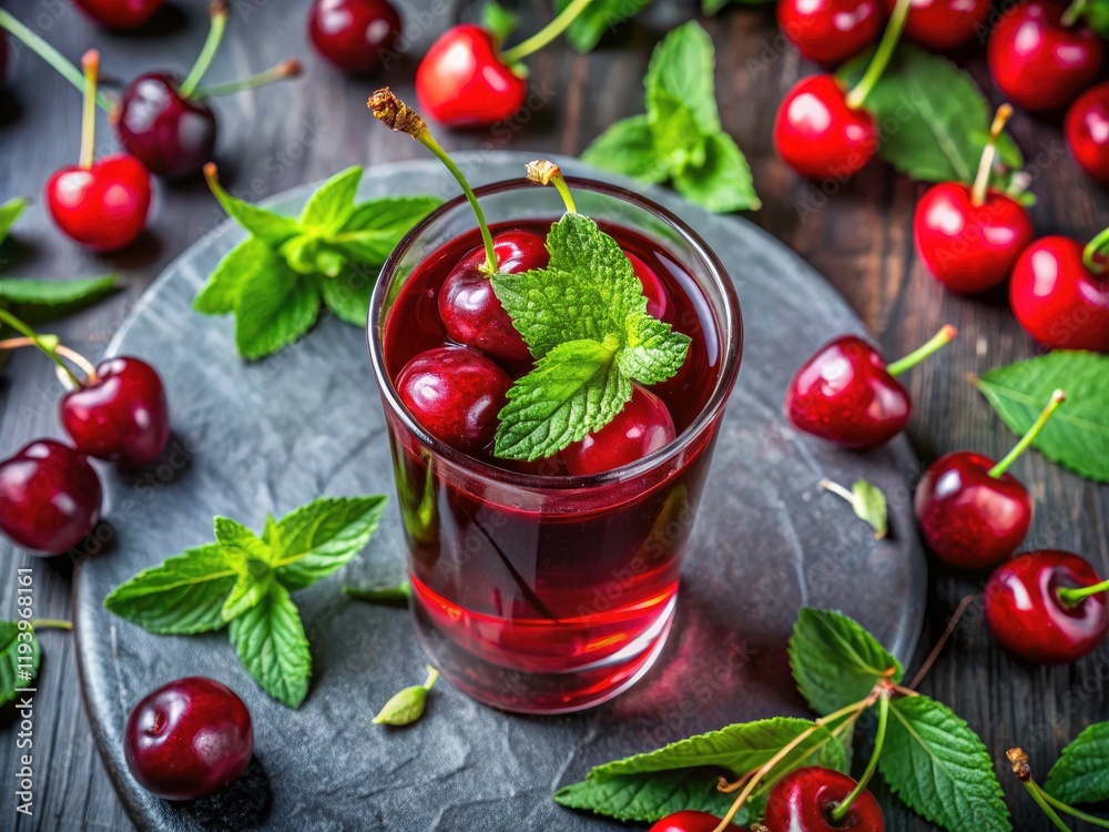 Refreshing Cherry Juice in Elegant Glass with Fresh Cherries and Mint - Summer Beverage Photography, Healthy Drink Inspiration, Vibrant Food Styling, Natural Ingredients, and Seasonal Refreshments Refreshing Cherry Juice in Elegant Glass with Fresh Cherries and Mint - Summer Beverage Photography, Healthy Drink Inspiration, Vibrant Food Styling, Natural Ingredients, and Seasonal Refreshments