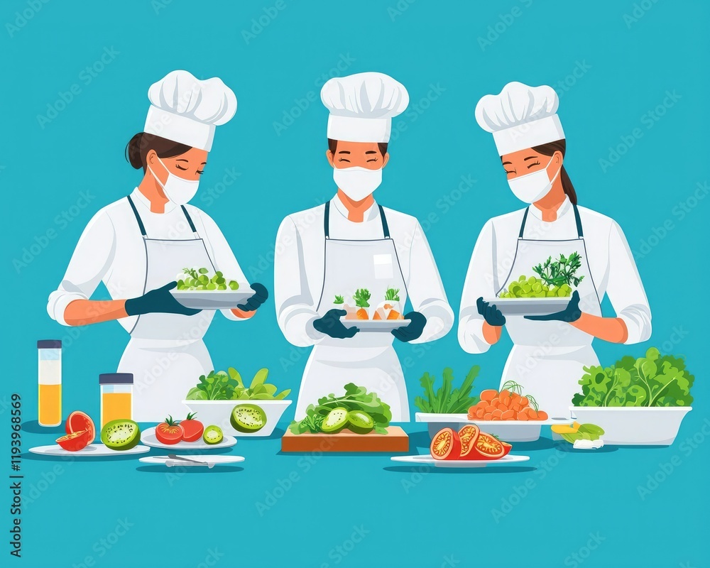 Three chefs in white uniforms prepare fresh salads and dishes, surrounded by vibrant vegetables on a bright blue background. Three chefs in white uniforms prepare fresh salads and dishes, surrounded by vibrant vegetables on a bright blue background.