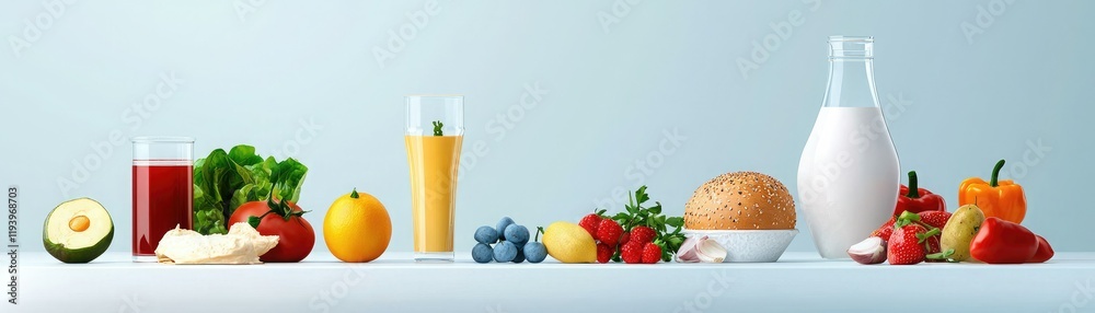 Fresh fruits, vegetables, and beverages arranged on a table, showcasing a healthy lifestyle choice with vibrant colors. Fresh fruits, vegetables, and beverages arranged on a table, showcasing a healthy lifestyle choice with vibrant colors.
