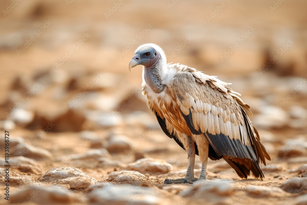 A vulture walking on the ground, its shadow stretched long in the midday sun, with a dry, arid environment around it A vulture walking on the ground, its shadow stretched long in the midday sun, with a dry, arid environment around it