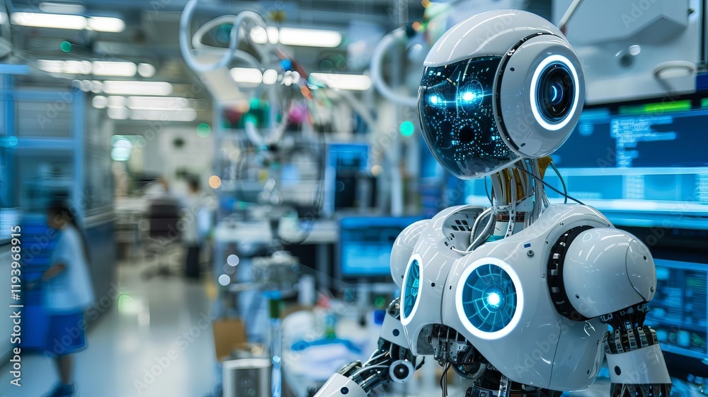 A humanoid robot in a high-tech lab setting, showcasing advanced technology and robotics. A humanoid robot in a high-tech lab setting, showcasing advanced technology and robotics.