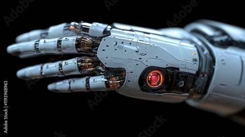 Futuristic robotic hand showcasing intricate mechanical components and glowing elements, representing advanced technology and artificial intelligence in a modern digital era. photo