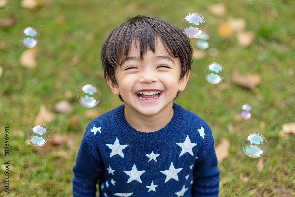 A cute young boy, aged between three and five years old with short black hair, wearing a blue sweater printed with white stars on the chest, laughing happily as he plays outside A cute young boy, aged between three and five years old with short black hair, wearing a blue sweater printed with white stars on the chest, laughing happily as he plays outside