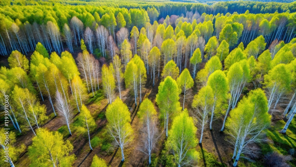 Fototapeta premium Springtime Aerial View of Bare Birch Trees with Vibrant Blue Sky, Nature's Serenity, and Seasonal Beauty