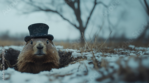 ground hog wearing a top hat peaking out from a hole in a snowy landscape