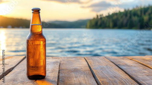 Fototapeta Naklejka Na Ścianę i Meble -  beer bottle on wooden table with scenic lake view at sunset