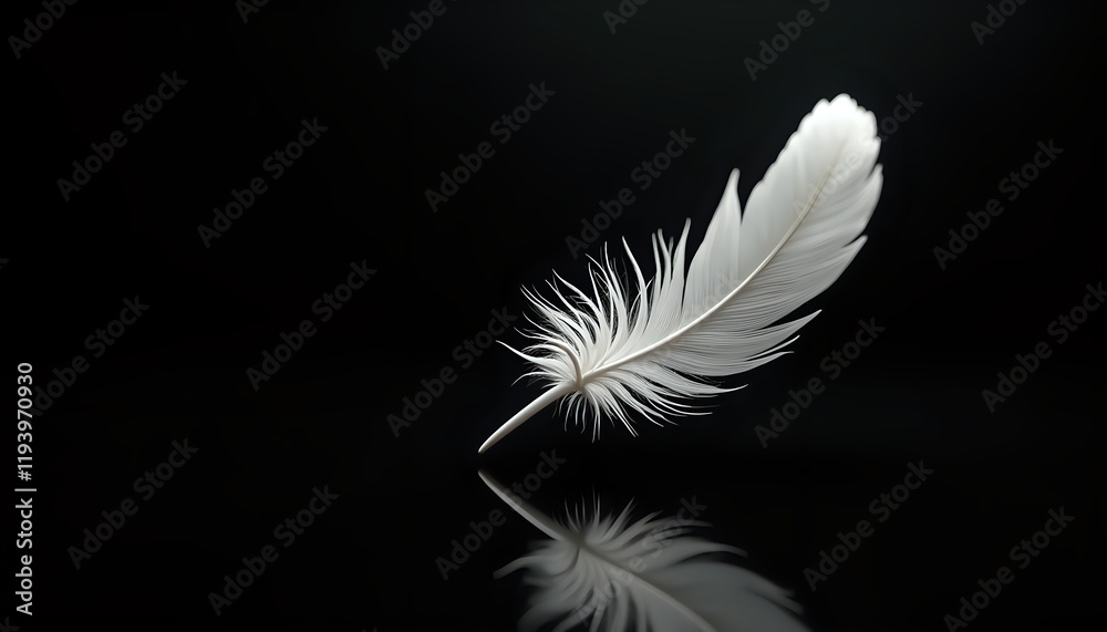 a close-up of a single feather that is floating in the center of a black background. The feather is white and appears to be made of feathers, with a thin, feathery texture. a close-up of a single feather that is floating in the center of a black background. The feather is white and appears to be made of feathers, with a thin, feathery texture.