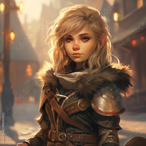 Portrait of a female gnome warrior in a mountain from a fantasy world.