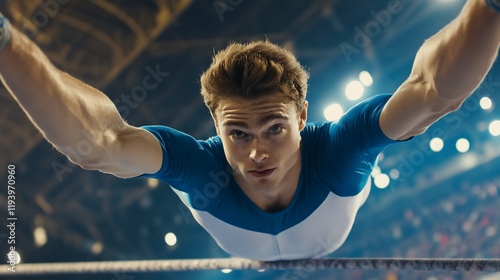 A male gymnast performing on the rings in a competitive arena.
