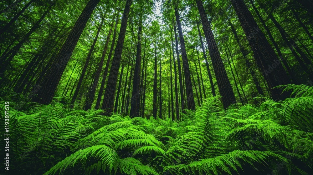 Fototapeta premium Lush forest with tall trees and ferns.