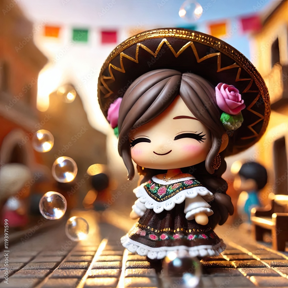 Adorable Figurine in Traditional Mexican Dress and Sombrero in a Festive Village Setting with Generative AI. Adorable Figurine in Traditional Mexican Dress and Sombrero in a Festive Village Setting with Generative AI.