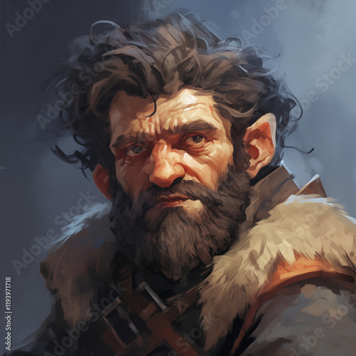 Portrait of a dark-haired male gnome in a cave from a fantasy world.	