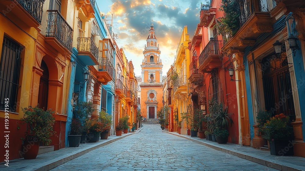 Obraz premium Colorful buildings line a cobblestone street leading to a church at sunset.