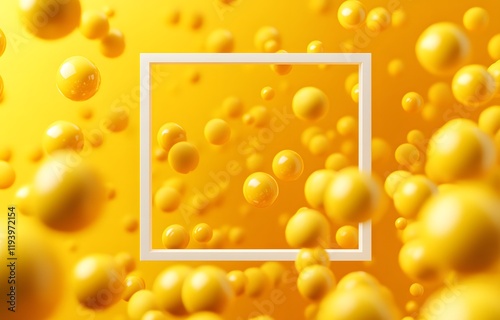 Glowing square neon frame with floating white spheres on vibrant yellow background