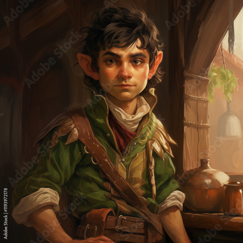 Portrait of a dark-haired male gnome ranger in a tavern from a fantasy world.	