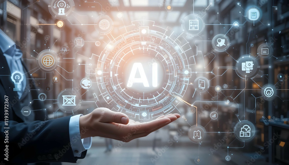 Fototapeta premium Futuristic Concept of Artificial Intelligence (AI) - Businessman Holding a Digital Sphere with AI Technology, Network Connections, and Innovative Icons, Representing Advanced Machine Learning and 